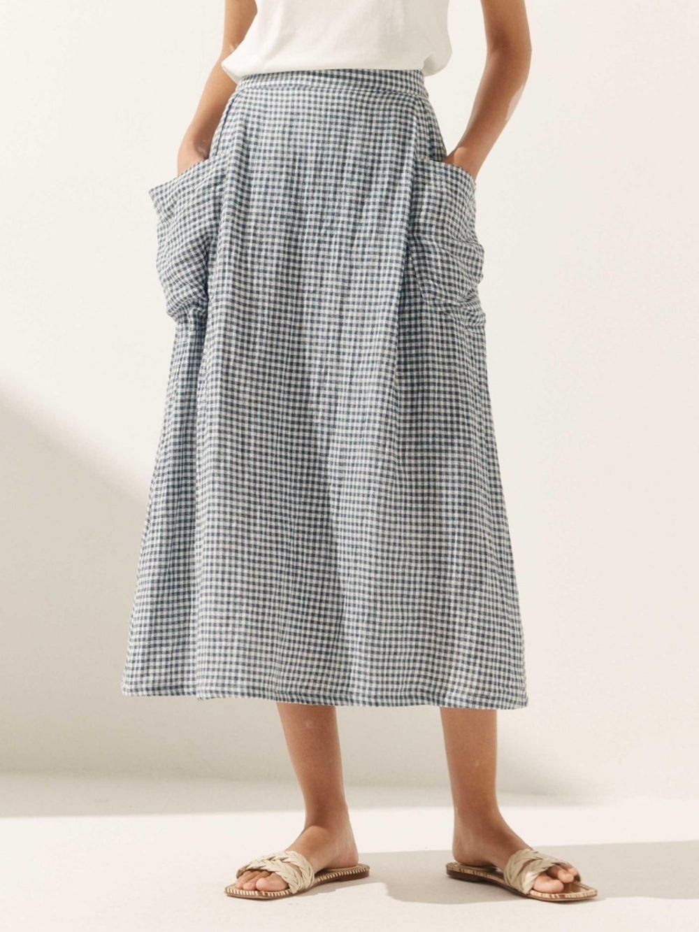 Classic Blue Gingham Midi Skirt with Side Pockets